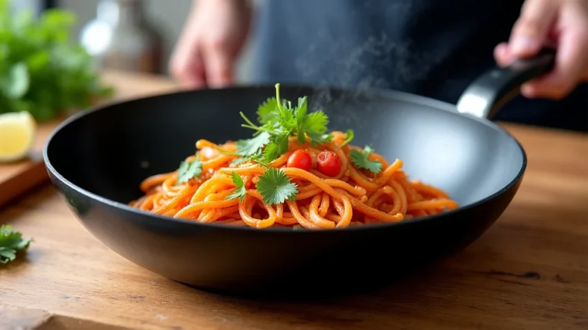 This image shows a shiny new wok pan, highlighting features that influence kitchen wok pan price.