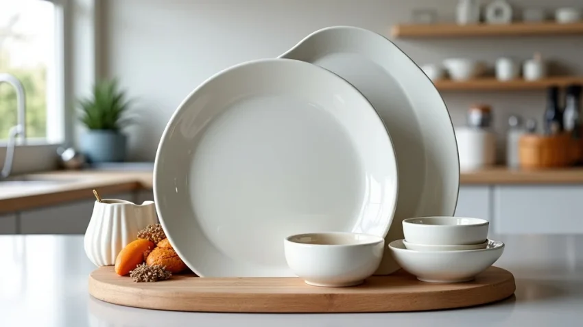 The image shows a stylish kitchen ceramic plate set, perfect for a price guide.