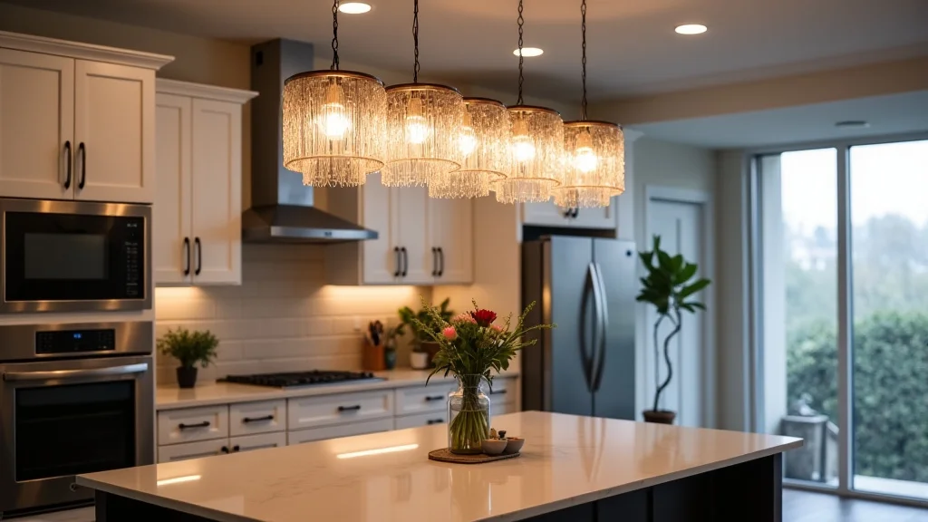 The image shows a large, modern kitchen chandelier, illustrating factors affecting kitchen chandelier price.