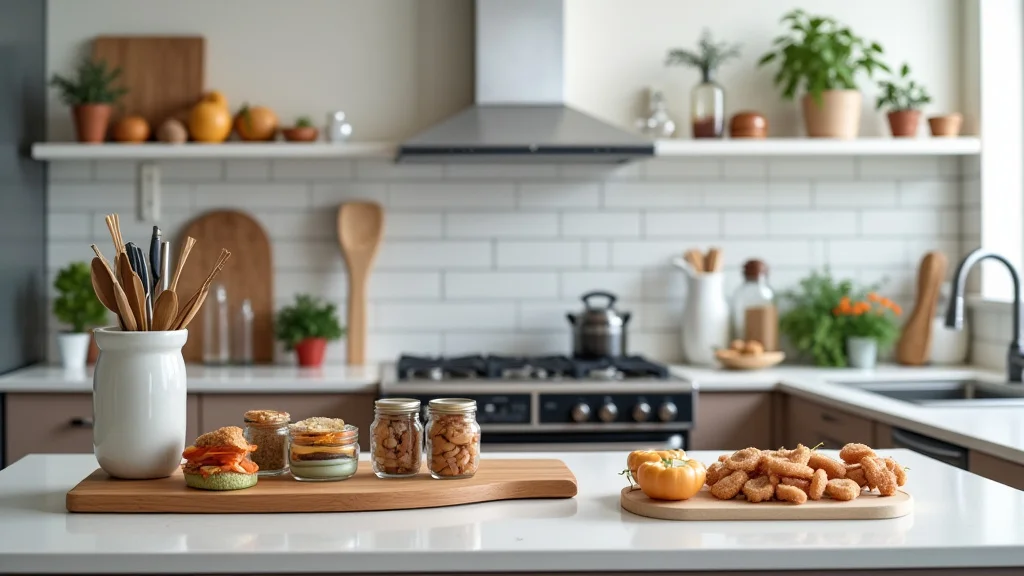 Kitchen Countertop Organizer Price Guide This image shows a clean kitchen countertop featuring a stylish organizer, useful for a price guide.
