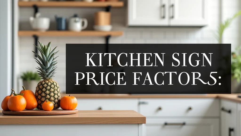 The image shows a variety of kitchen decorative signs, illustrating price factors explained in the article.