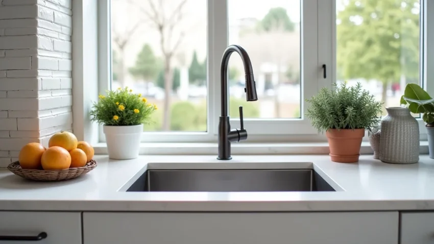 The image shows a modern kitchen double sink, illustrating kitchen double sink price factors explained.