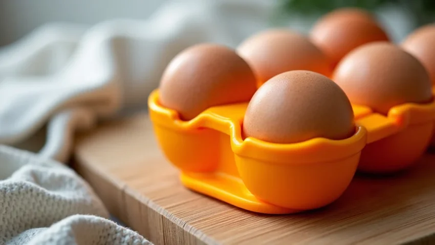 The image shows a modern kitchen egg holder with multiple levels for storing eggs in a price guide context.