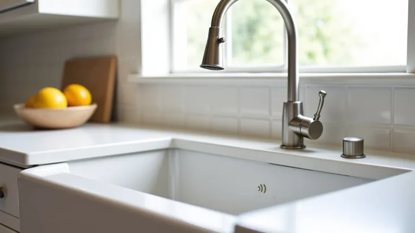 This image shows a white farmhouse sink, part of a kitchen sink price guide.