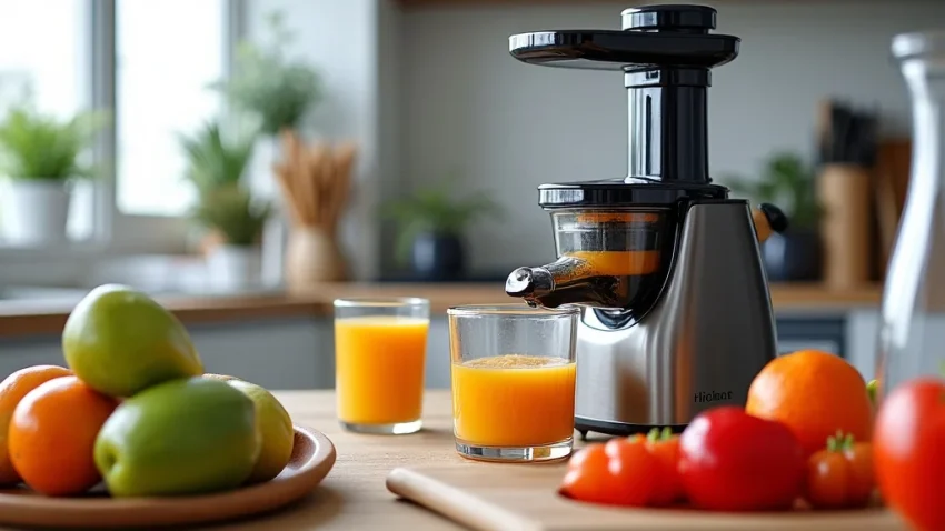 Kitchen Juicer Machine Price Guide The image shows a clean kitchen counter displaying a modern juicer machine and fresh produce, relevant to a juicer machine price guide.