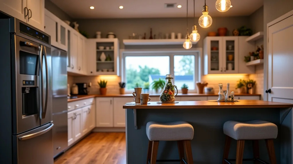 The image shows a sleek, modern LED ceiling light installed in a contemporary kitchen, illustrating the price guide.