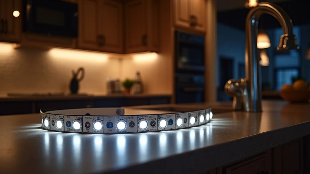 The image shows sleek kitchen LED strip lights illuminating a modern countertop for a price guide.