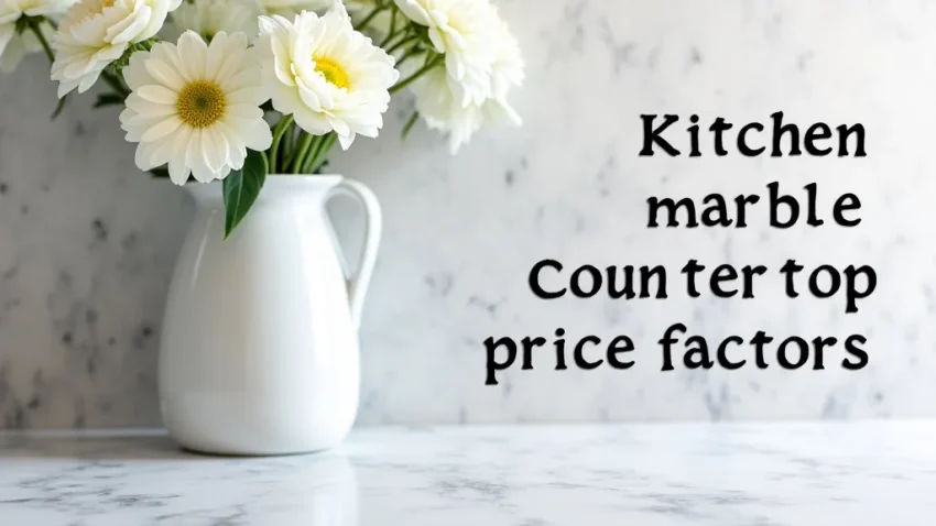 The image shows a luxurious kitchen island with a white marble countertop, illustrating price factors for kitchen marble countertops.