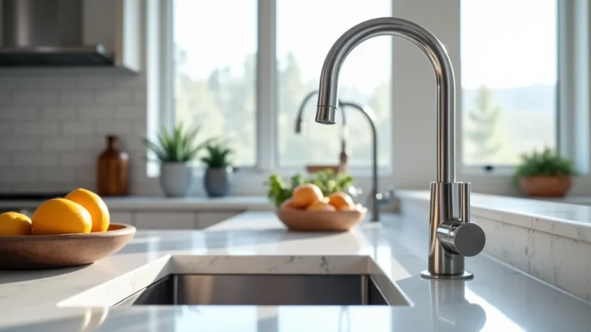 The image shows a modern kitchen pull down faucet, illustrating the kitchen pull down faucet price guide.