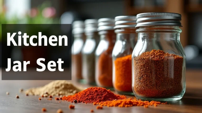 The image shows a selection of kitchen spice jars, useful for a spice jar set price guide.