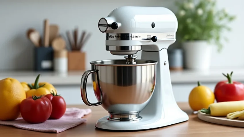 Kitchen Stand Mixer Price Guide The image shows a sleek stand mixer on a kitchen counter, illustrating the Kitchen Stand Mixer Price Guide.