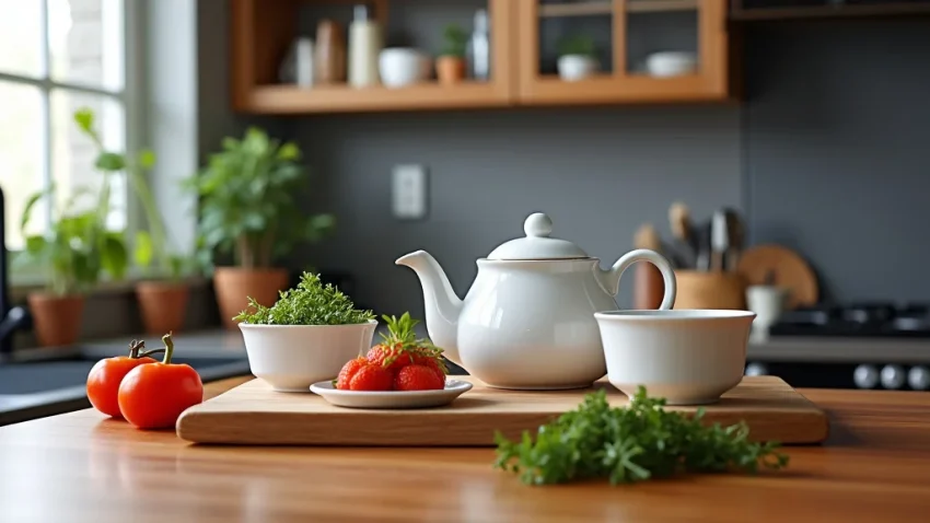 The image shows a charming tea set with cups and a teapot, illustrating a kitchen tea set price guide.