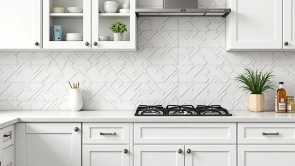 The image shows a stylish kitchen tile backsplash, illustrating the Kitchen Tile Backsplash Price Guide.