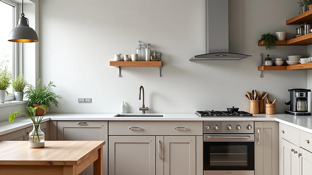 The image shows a stylish kitchen with patterned wallpaper, illustrating kitchen wallpaper decor options for a price guide.