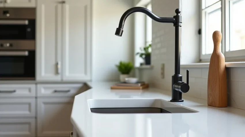 The image shows a close-up of a sleek, modern luxury kitchen faucet, illustrating price factors explained.