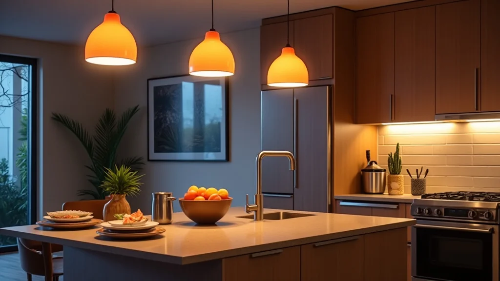 The image shows a stylish modern kitchen with featured pendant lights relevant to a lighting price guide.