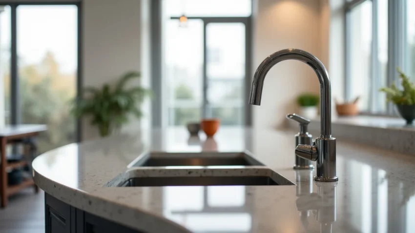 The image shows a sleek smart kitchen faucet with a price range chart for revealed options.
