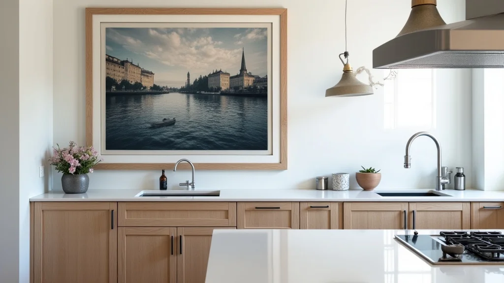 The image shows a stylish kitchen with a framed art print on the wall, illustrating framed art price considerations.