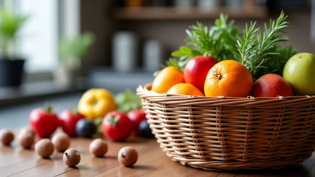 The image shows a vibrant fruit basket brimming with produce, illustrating the topic of understanding kitchen fruit basket price.