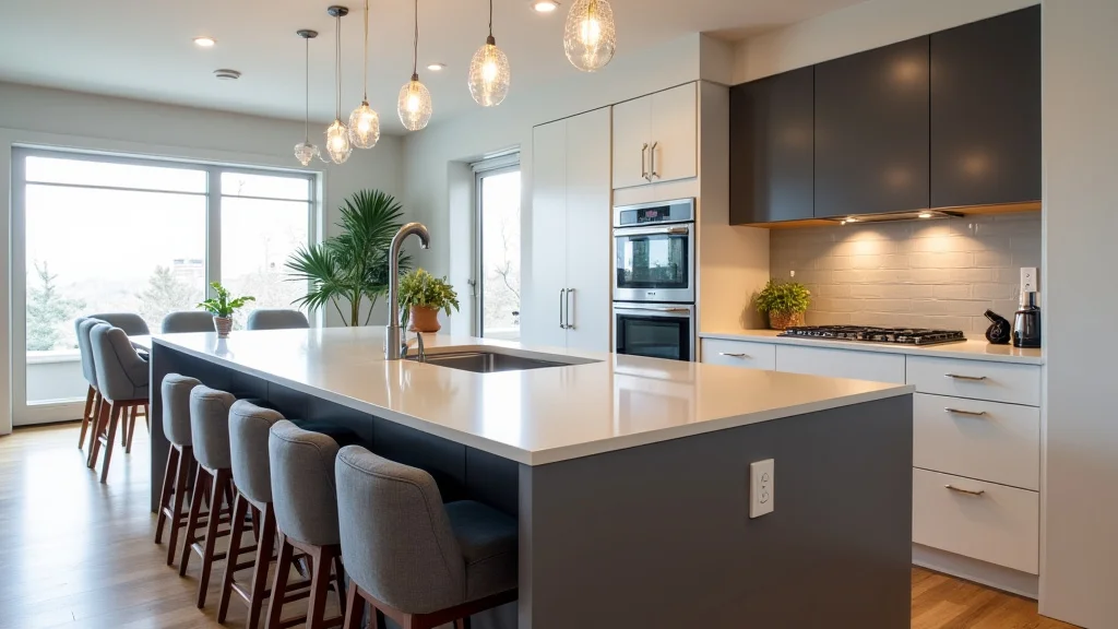 The image shows a sleek modern kitchen island, illustrating key factors in understanding its price.