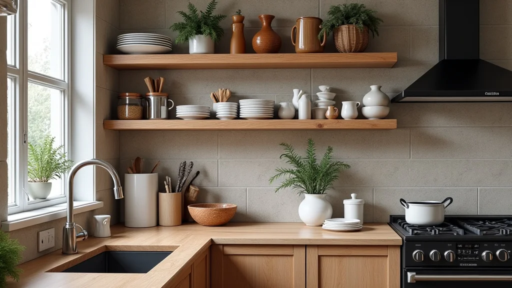 This image shows a cozy rustic kitchen with charming wall decor relevant to understanding price.